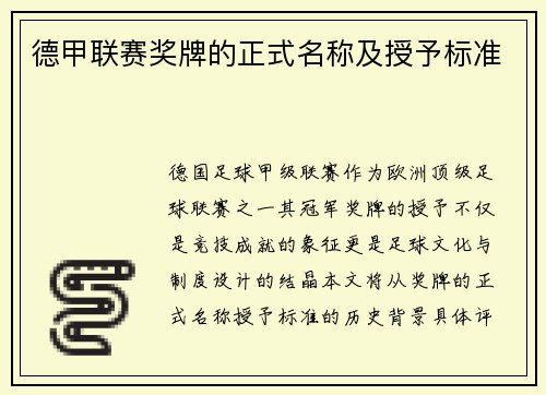 德甲联赛奖牌的正式名称及授予标准